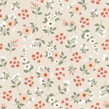 Seamless Pattern Of A Little Flowers And Branch With Leaves. Abstract Small Flower Patter. Vector Illustration.
