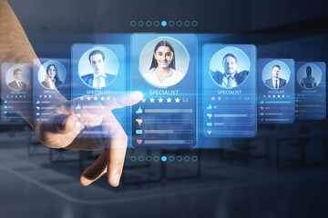 Aufkleber - Online recruitment application and one day specialist search service concept with man finger on virtual digital interface with personal cards with rating