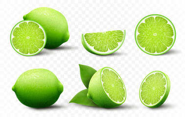 Wall Mural - set of fresh lime. whole, half, cut slice lime fruits isolated on transparent background. summer cit