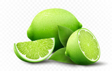 Wall Mural - fresh lime set, with various view of whole lime fruit, halves and slices, isolated on transparent ba