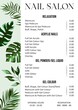 Vector Illustration sticker business card for nail salon decorated with botanical art texture with pricelist and special offer. A4 printable template