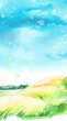 Watercolor field, meadow, countryside card, postcard, invitation. Watercolor illustration of a summer landscape with clouds and grass field meadow. Painted landscape background. Watercolor logo 