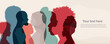 Silhouette profile group of men and women of diverse cultures.Diversity multi-ethnic people.Concept racial equality and anti-racismMulticultural and multiracial society. Banner copy space