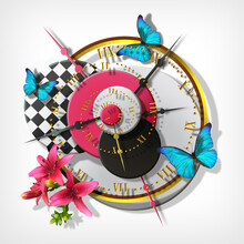 Surrealistic Gold Watch With Shooters And The Roman Figures, Lilies And Morpho Butterflies On  White Background. Spiral. Concept Of Time.  Illustration