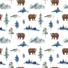 Seamless Pattern Animal Grizzly Bear On Forest Background, Watercolor Illustration	
