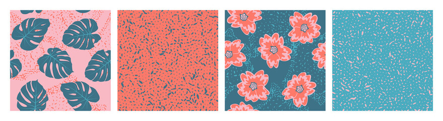 Grain texture and floral seamless pattern vector set. Botanical design of primula and monstera leaves.