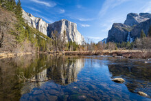 Valley View With El Capitan, Bridalveil Falls And A Beautiful Reflection On The Merced River
