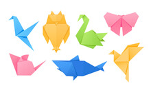 Set Of Origami Animals And Birds, Crane, Owl, Swan And Butterfly, Mouse, Shark And Colibri Isolated On White Background