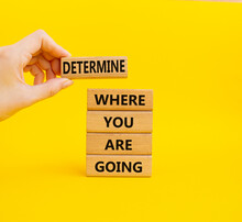Determination Symbol. Wooden Blocks With Words Determine Where You Are Going. Beautiful Yellow Background. Businessman Hand. Business And Determine Where You Are Going Concept. Copy Space