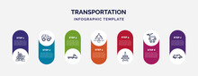 Infographic Template With Icons And 7 Options Or Steps. Infographic For Transportation Concept. Included Tugboat, All Terrain Vehicle, Flatbed Lorry, Airliner, Military Airplane, Airport Shuttle,