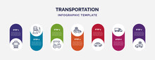 Infographic Template With Icons And 7 Options Or Steps. Infographic For Transportation Concept. Included Tram Front View, Fuel Dispenser, Golf Cart, Patrol Car, Automobile, Eighteen-wheeler, Police