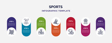 Infographic Template With Icons And 7 Options Or Steps. Infographic For Sports Concept. Included Fishing Net, Breakdancing Dancer, Podium With Cup, Man Windsurfing, Golf Champion, Awards, Man In