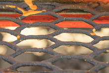 View Of The Old Metal Grate Of An Old Steam Locomotive Closeup With Selective Focus, Piece Of Machinery