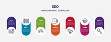 Infographic Template With Icons And 7 Options Or Steps. Infographic For Seo Concept. Included Landing Page, Server, Console, Operating System, Cogwheel, Hosting, Search Icons.