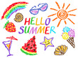 Summer funny hand drawn symbols vector set. Fruits, ice cream, sun, glasses, drinks, shells. Like kids colorful crayon, pastel, chalk or pencil stroke. Doodle cartoon art. Hello outdoor happy time