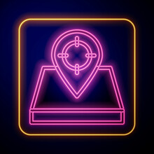 Glowing Neon Hunt Place Icon Isolated On Black Background. Navigation, Pointer, Location, Map, Gps, Direction, Place, Compass, Contact, Search. Vector