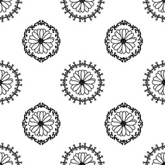 Poster - Black and white pattern of round ornaments and daisies. Seamless pattern with swirls and flowers for wallpaper, fabric or scrap paper. Vector illustration.