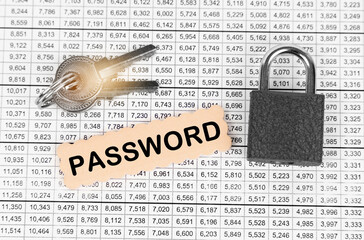 Poster - Against the background of a table with reports, a lock, keys and a sign with the inscription - Password