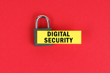 Poster - On the red surface there is a lock with a sticker with the inscription - digital security