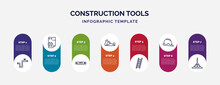 Infographic Template With Icons And 7 Options Or Steps. Infographic For Construction Tools Concept. Included Gas Pipe, Circuit Breaker, Plumb Rule Tool, Jack Plane, Ladder, Safety Helmet, Bump