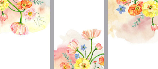 Hand painted watercolor floral bouquet. Iceland Poppies, eucalyptus and blue flowers illustration isolated on white background. Premade wedding invitation template, cards, banners 