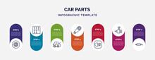 Infographic Template With Icons And 7 Options Or Steps. Infographic For Car Parts Concept. Included Car Tyre, Car Gearbox, Taiate, Camshaft, Fog Lamp, Distributor, Silencer Icons.
