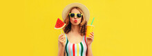 Summer Colorful Portrait Of Beautiful Young Woman Blowing Her Lips With Cup Of Juice And Lollipop Or Ice Cream Shaped Slice Of Watermelon Wearing Straw Hat On Yellow Background, Blank Copy Space