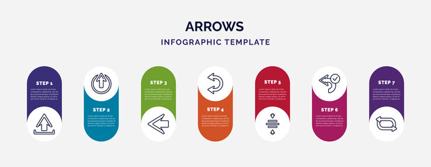 Poster - infographic template with icons and 7 options or steps. infographic for arrows concept. included upload, enter up, left arrow, double curve arrow, center align, confirm, shuffle icons.