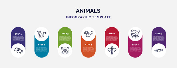 Wall Mural - infographic template with icons and 7 options or steps. infographic for animals concept. included angler, lemur, cat, eel, dragonflay, tiger, pike icons.