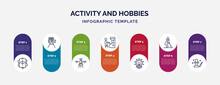 Infographic Template With Icons And 7 Options Or Steps. Infographic For Activity And Hobbies Concept. Included Mahjong, Film Making, Couple Huging, Pachinko, Yoga, Skiing, Magician Icons.