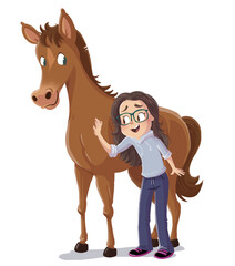 Wall Mural - Children's illustration of a girl with a brown horse
