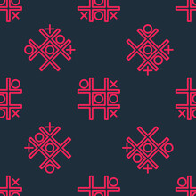 Red Line Tic Tac Toe Game Icon Isolated Seamless Pattern On Black Background. Vector
