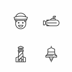 Poster - Set line Ship bell, Lighthouse, Sailor and Submarine icon. Vector