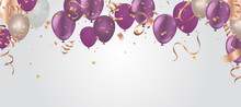Balloons Purple Color Birthday And Anniversary Background. Vector Illustration For Invitation Card, Party Brochure, Banner. Purple Color. Holidays