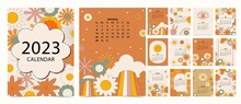 2023 Table Calendar Week Start On Sunday With Groovy And Flower That Use For Vertical Digital And Printable A4 A5 Size