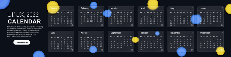 Poster - Calendar UI UX 2022. Stylish graphic elements for website. Application and program development, reminder and notification. Template or mockup, digital calendar. Cartoon flat vector illustration