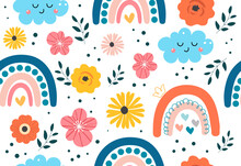 Cute Flowers Pattern. Repeating Image For Printing On Bed Linen. Minimalistic Style, Plants. Poster Or Banner For Spring Holidays, Greeting Postcard Or Cover. Cartoon Flat Vector Illustration
