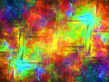 Imagen De Arte Digital Conceptual Compuesto De Líneas Paralelas Y Perpendiculares Cruzadas Y Rellenas De Colores Fluorescentes Formando Una Cuadrícula Atravesada Por Rayos Luminosos.