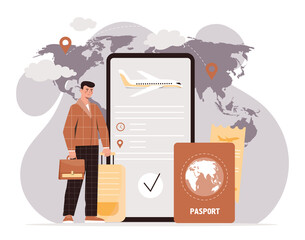 Poster - online app for tourism. guy with bags and luggage stands next to smartphone. navigation and map, gps