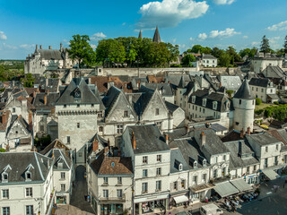 Wall Mural - Aerial panorama view of Loches in Indre-et-Loire in the Loire Valley in France with massive Norman keep with double enclosure, semi circular towers, Renaissance palace, multiple medieval gates