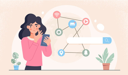 Fototapete - Internet communication concept. Young girl with smartphone communicates with friends in social networks, chatting in messenger. Online dialogue or conference. Cartoon flat vector illustration