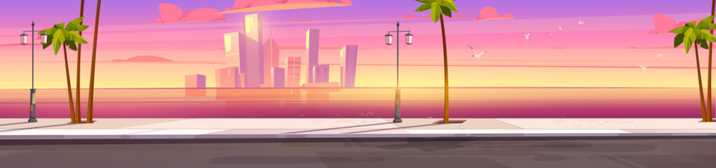 Wall Mural - Sunset city skyline architecture near the bay waterfront. Modern megalopolis with palm trees, skyscrapers reflecting in water surface under pink sky panoramic background, Cartoon vector illustration