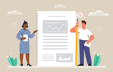 Poster - project management concept. man and woman stand next to document. colleagues explore data, analytica