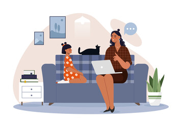 Poster - remote work concept. woman sits on couch with laptop on her lap. mother and daughter, freelancer or 