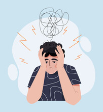 Guy In Stress. Boy Put His Head In His Hands, Depression And Frustration. Mental Health And Psychological Problems, Loneliness And Confusion, Difficulties In Life. Cartoon Flat Vector Illustration