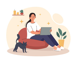 Poster - girl with laptop. woman works from home, freelancer or remote employee. student doing homework or ta