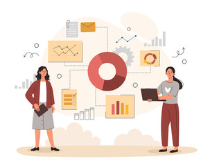 Poster - women work with statistics. girls with laptop evaluating charts and graphs, employees of analytical 