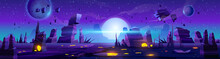 Alien Night Planet Landscape, Space Game Panoramic Background With Flying Rocks, Planets In Stars In Dark Sky. Extraterrestrial Glowing Liquid Plasma Spots In Cracked Land, Cartoon Vector Illustration