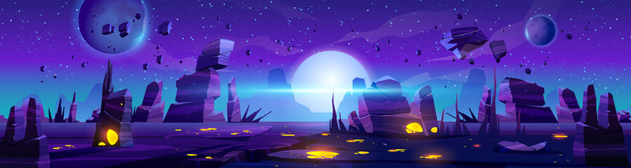 Poster - Alien night planet landscape, space game panoramic background with flying rocks, planets in stars in dark sky. Extraterrestrial glowing liquid plasma spots in cracked land, Cartoon vector illustration