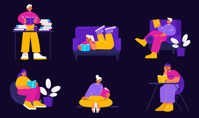 Wall Mural - People reading books at home, club or library. Happy male and female characters weekend sparetime, relaxing, students read literature, education, prepare for exams, line art flat vector illustration